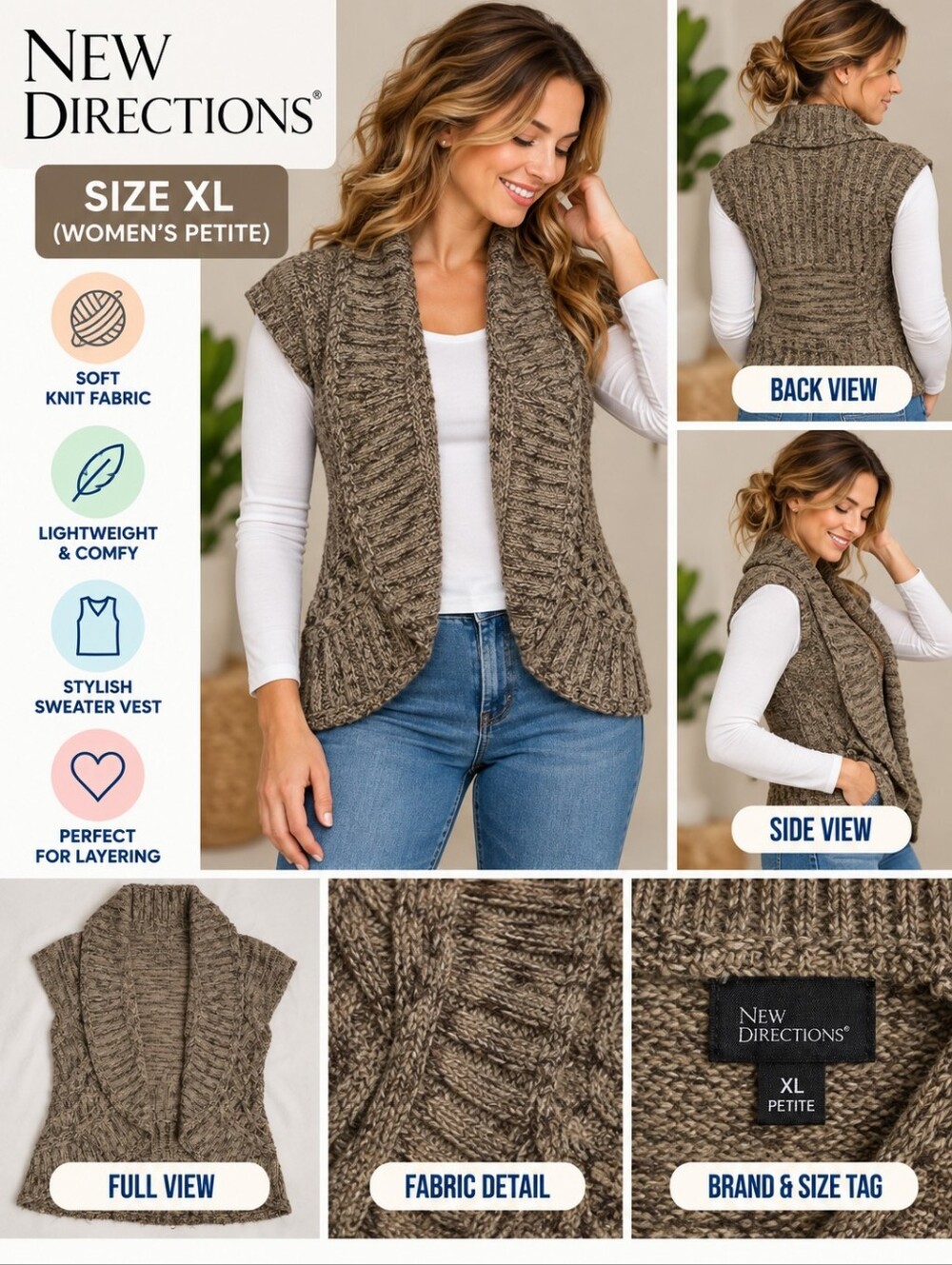 New directions Women's petite XL brown sweater vest #36